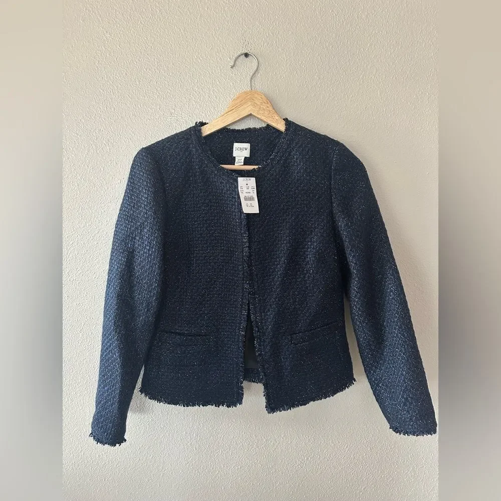 NWT J Crew Lurex Tweed Fringe Jacket Cardigan Sweater Navy Metallic Size 00